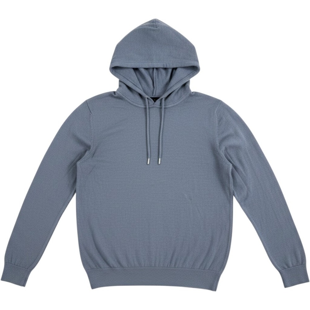 Reiss Holland Men L Blue 100% Merino Wool Hooded Knit Sweater Hoodie Lightweight
